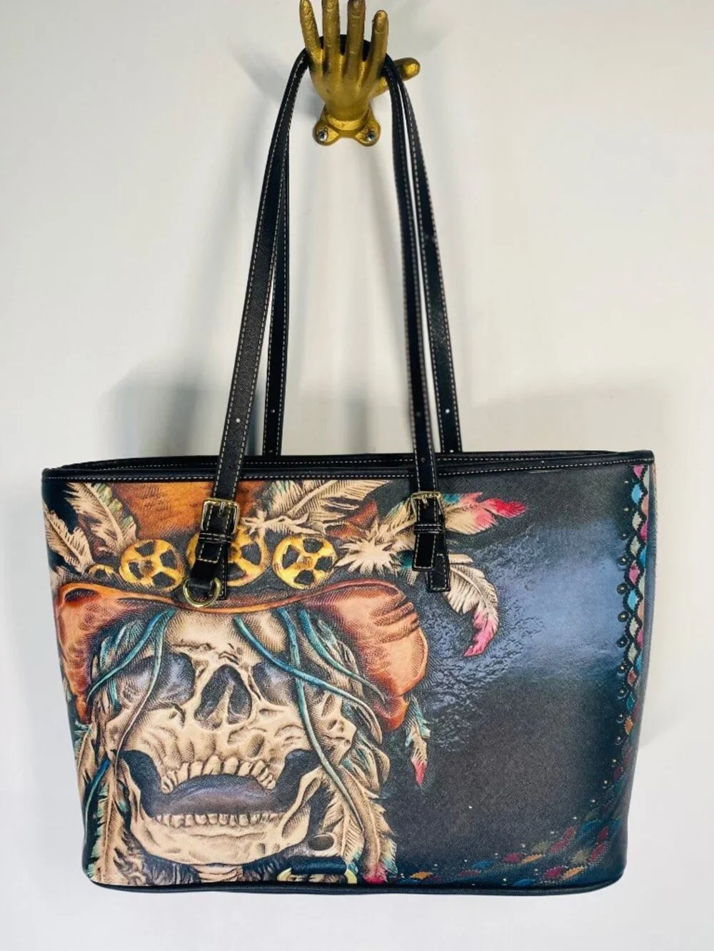 Skull Graphic Faux Leather Tote Bag With Adjustable Straps & Inner Pockets